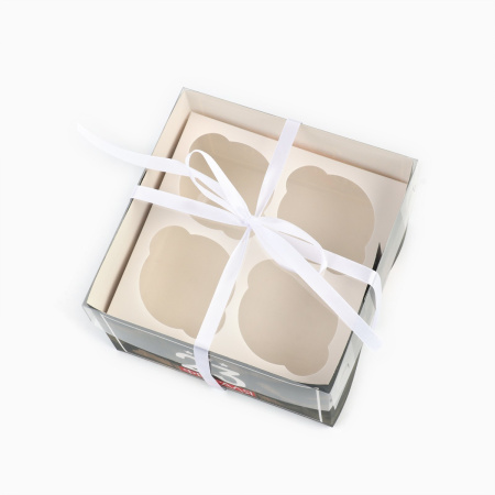 Коробка на 4 капкейка "23 февраля" камуфляж 16х16х10см (прозрачная крышка)