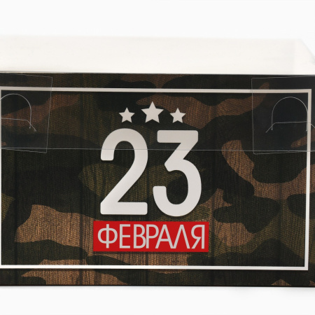 Коробка на 4 капкейка "23 февраля" камуфляж 16х16х10см (прозрачная крышка)