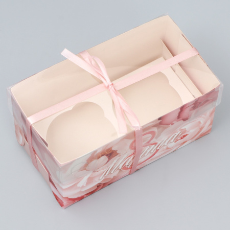 Коробка на 2 капкейка ПИОНЫ 8 МАРТА 16х8х10см